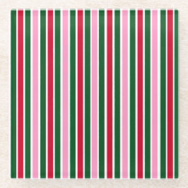 Posavasos De Vidrio Navidades con rayas de caña de caña en verde rosad