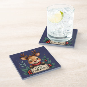 Posavasos De Vidrio Navidades cortos renos con holly y Rótulo