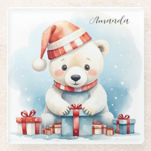 Posavasos De Vidrio Navidades de acuarela cúrcuma oso polar