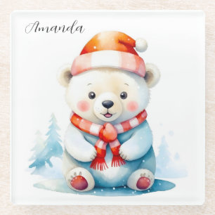 Posavasos De Vidrio Navidades de acuarela juguetones oso polar