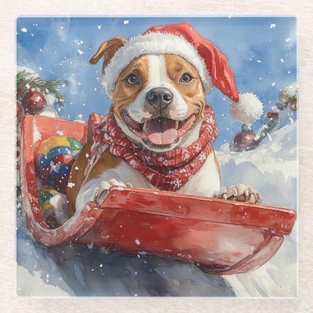 Posavasos De Vidrio Navidades de American Staffordshire en Sledge (Anverso)