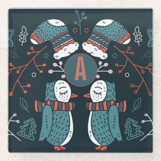 Posavasos De Vidrio Navidades de arte folclórico monogramados Lechuzas (Anverso)