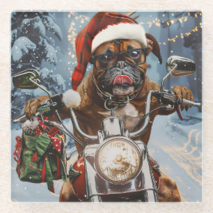 Posavasos De Vidrio Navidades de Boxer Dog Riding en motocicleta