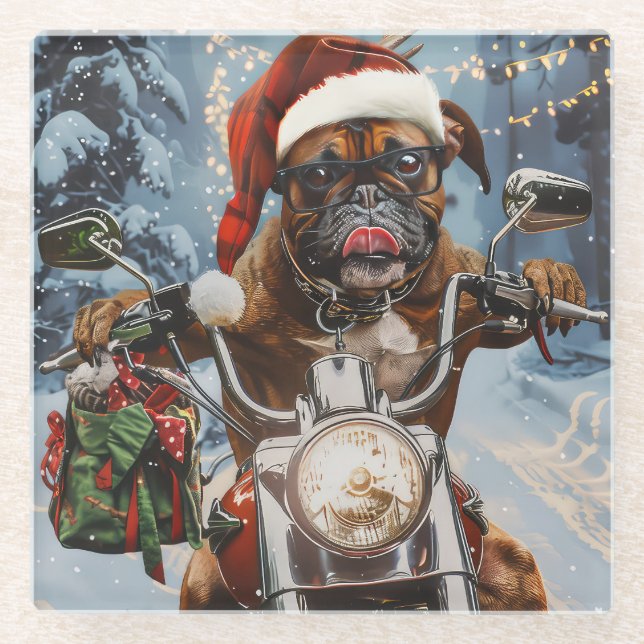 Posavasos De Vidrio Navidades de Boxer Dog Riding en motocicleta (Anverso)
