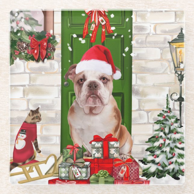 Posavasos De Vidrio Navidades de Bulldog de Inglaterra (Anverso)