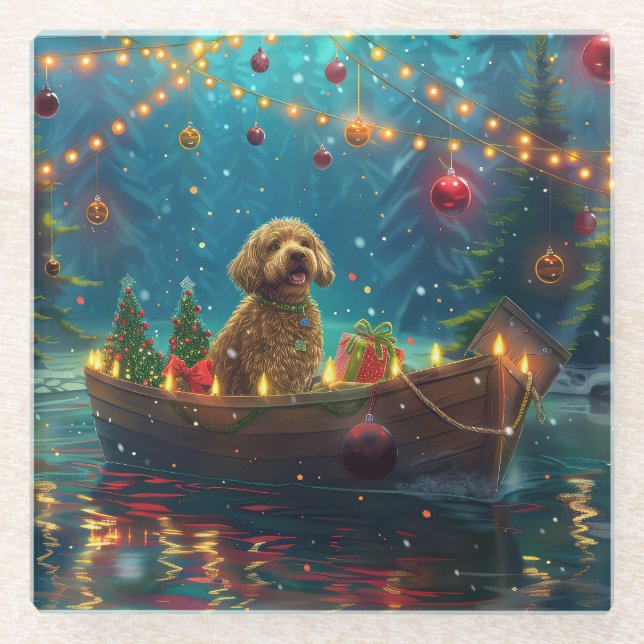 Posavasos De Vidrio Navidades de Goldendoodle (Anverso)
