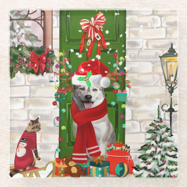 Posavasos De Vidrio Navidades de Husky Dog Siberiano (Anverso)