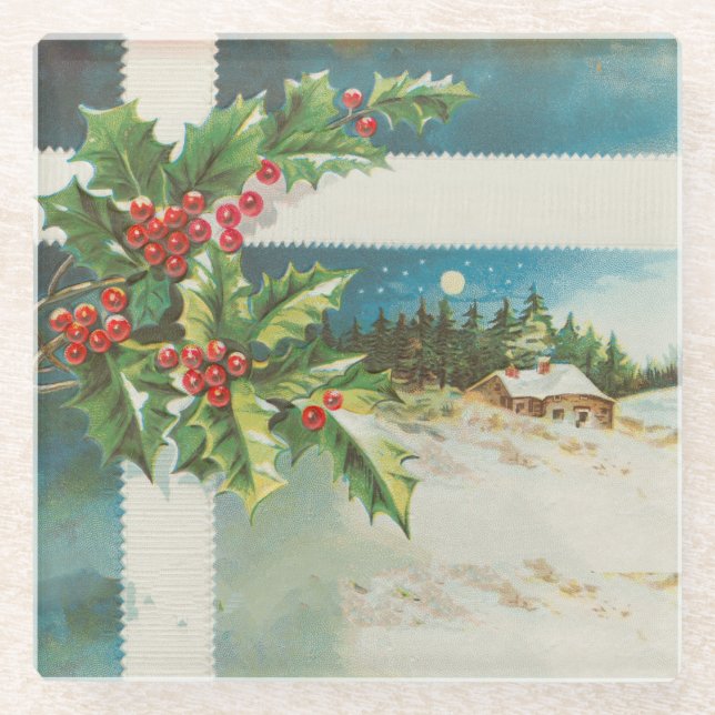Posavasos De Vidrio Navidades de la escena Holly Snow Winter (Anverso)