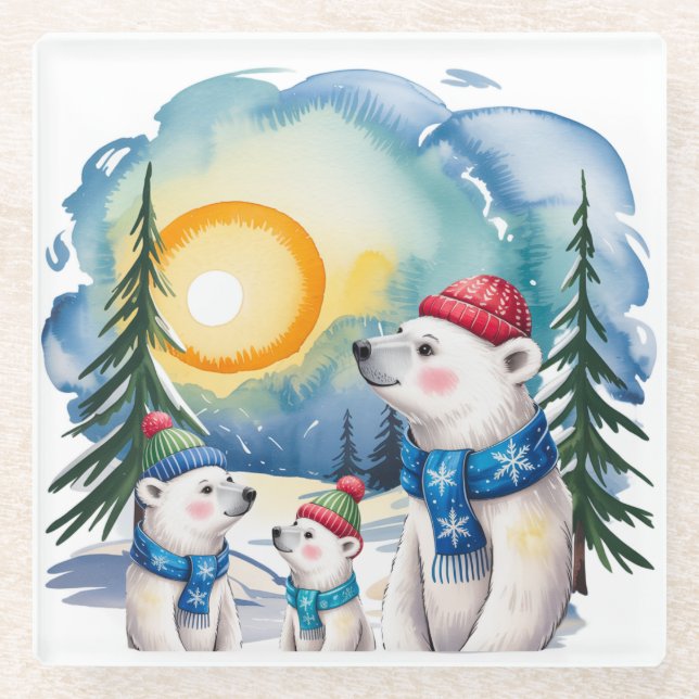 Posavasos De Vidrio Navidades de la familia Winter Polar Bear (Anverso)