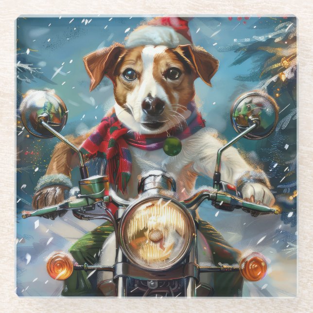 Posavasos De Vidrio Navidades de moto de Jack Russell Dog Riding (Anverso)