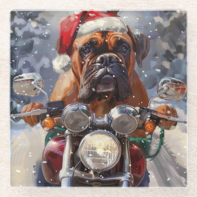 Posavasos De Vidrio Navidades de motocicleta Bullmastiff (Anverso)