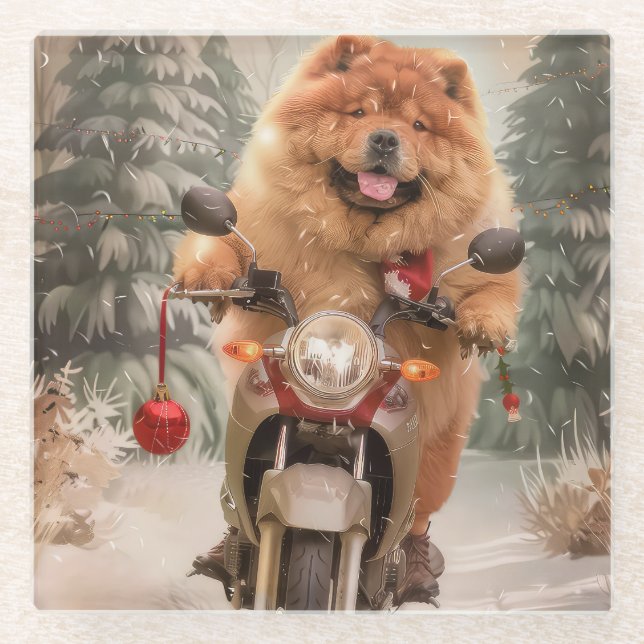Posavasos De Vidrio Navidades de motocicleta Chow Chow Dog Riding (Anverso)