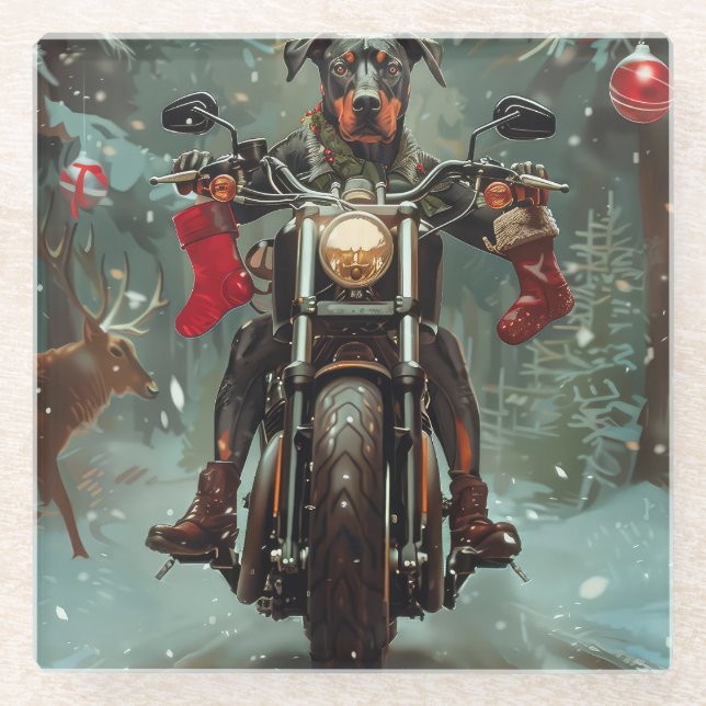 Posavasos De Vidrio Navidades de motocicleta Doberman Dog Riding (Anverso)