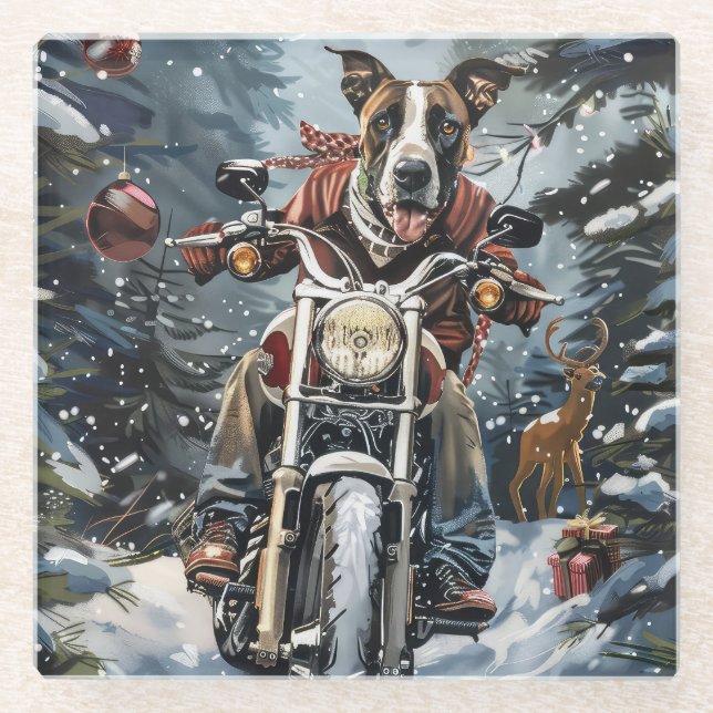 Posavasos De Vidrio Navidades de motocicletas Great Dane Dog Riding (Anverso)