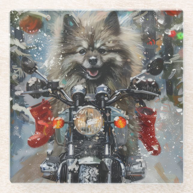 Posavasos De Vidrio Navidades de motocicletas Keeshond Dog Riding (Anverso)
