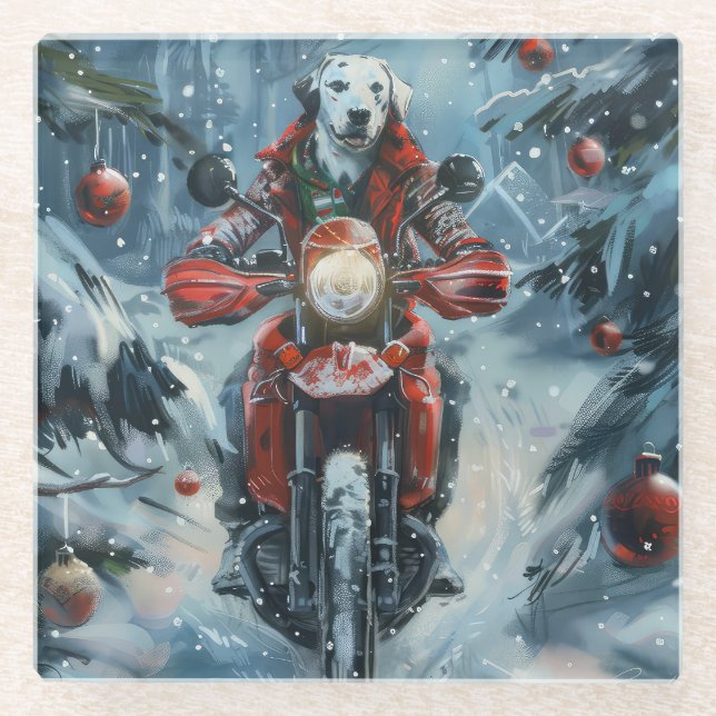 Posavasos De Vidrio Navidades de motociclismo de perros de Dalmacia (Anverso)