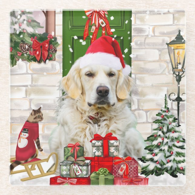 Posavasos De Vidrio Navidades de perro de Golden Retriever (Anverso)