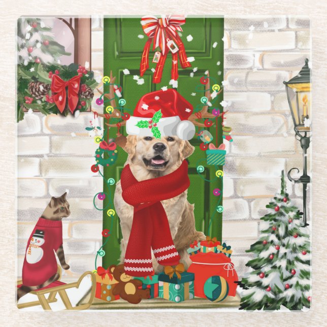Posavasos De Vidrio Navidades de perro de Golden Retriever (Anverso)