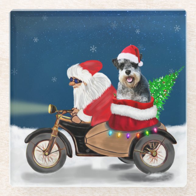 Posavasos De Vidrio Navidades de perro de Schnauzer Santa Claus (Anverso)