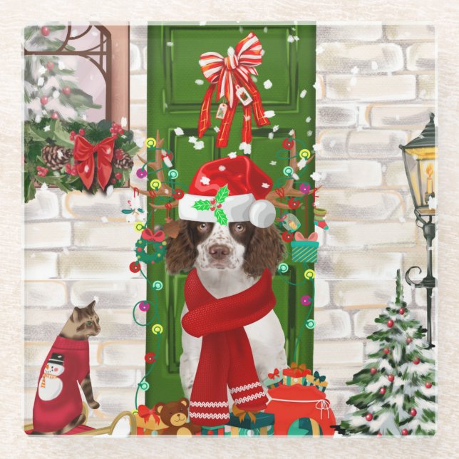 Posavasos De Vidrio Navidades de Perro Español de Springer Inglés (Anverso)