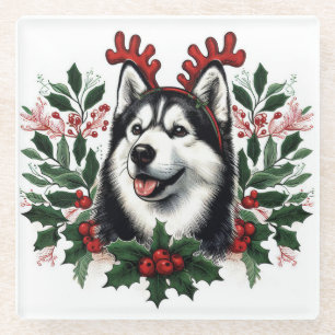 Posavasos De Vidrio Navidades de Perro Husky Siberian, reno festivo