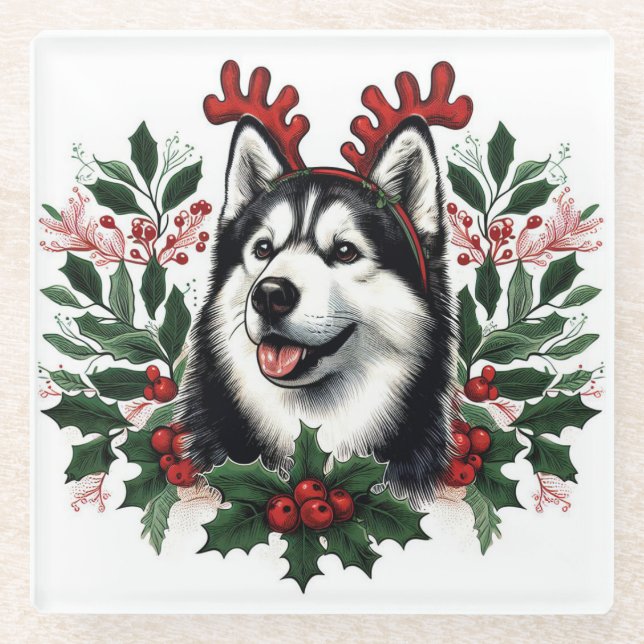 Posavasos De Vidrio Navidades de Perro Husky Siberian, reno festivo (Anverso)