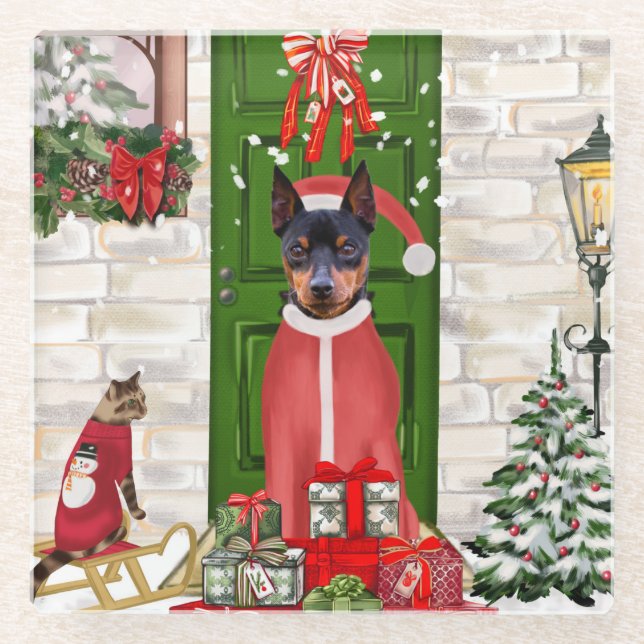 Posavasos De Vidrio Navidades de Perros de Pinscher en miniatura (Anverso)