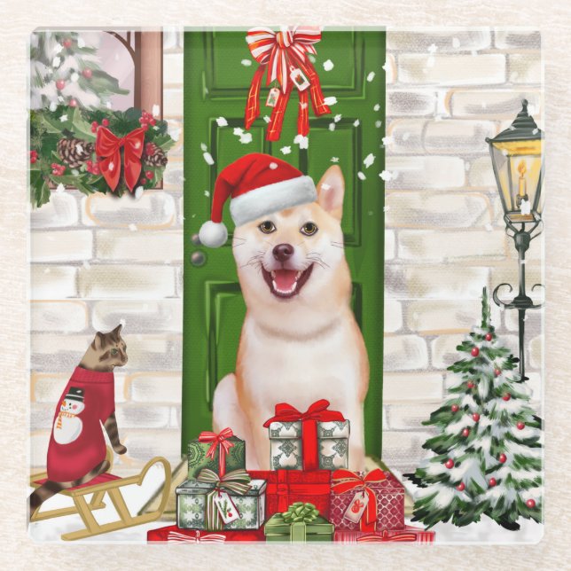Posavasos De Vidrio Navidades de Perros de Shiba Inu (Anverso)