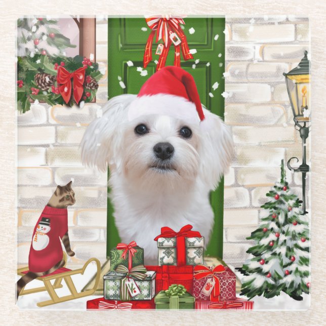 Posavasos De Vidrio Navidades de perros malteses (Anverso)