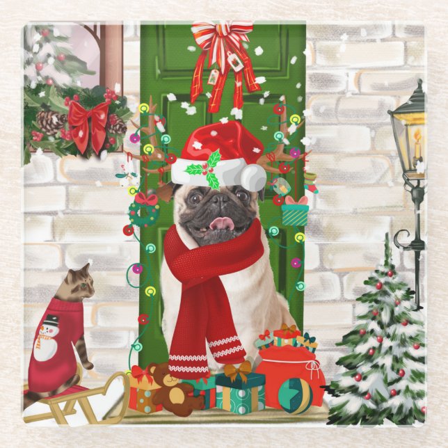 Posavasos De Vidrio Navidades de pug Dog (Anverso)