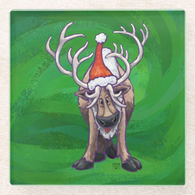 Posavasos De Vidrio Navidades De Renos En Verde (Anverso)