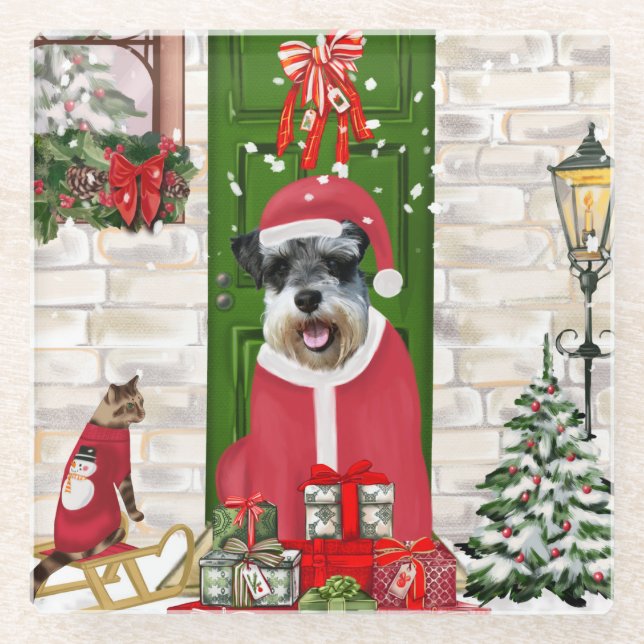 Posavasos De Vidrio Navidades de Schnauzer Dog (Anverso)