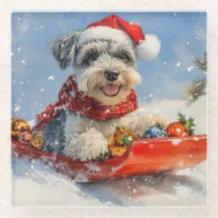 Posavasos De Vidrio Navidades de Schnauzer Dog en Sledge Let it Snow