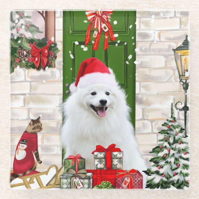 Posavasos De Vidrio Navidades de Spitz Dog (Anverso)