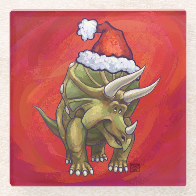 Posavasos De Vidrio Navidades De Triceratops En Rojo (Anverso)