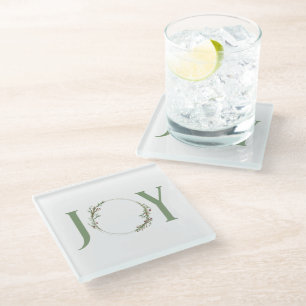 Posavasos De Vidrio Navidades de Wreath Joy de color verde minimalista