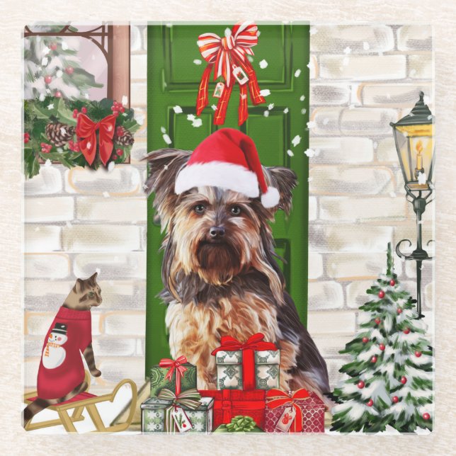 Posavasos De Vidrio Navidades de Yorkie Dog (Anverso)