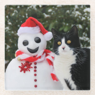 Posavasos De Vidrio Navidades del gato y el muñeco de nieve, decoració