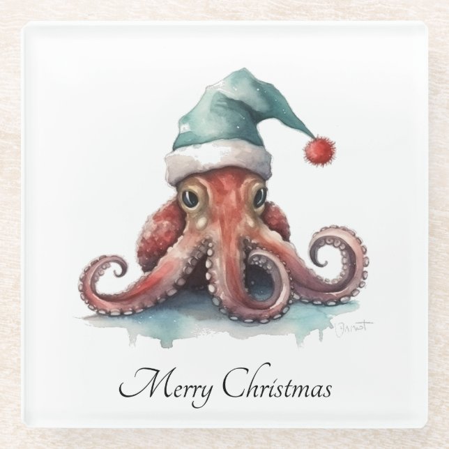 Posavasos De Vidrio Navidades del Octopus Alegría, personalizado (Anverso)