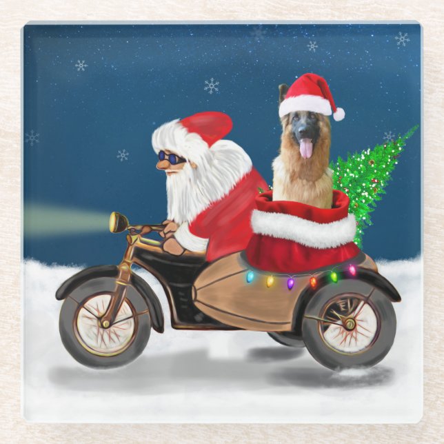 Posavasos De Vidrio Navidades del Pastor Alemán Santa Claus (Anverso)