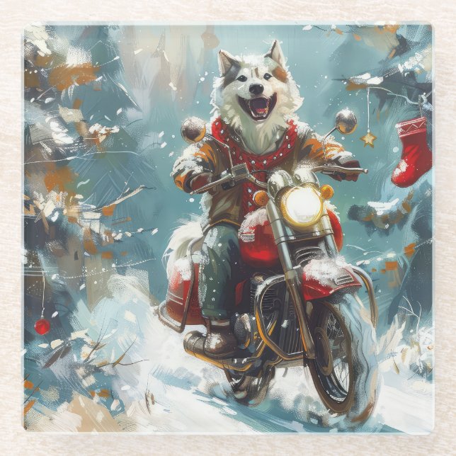 Posavasos De Vidrio Navidades en motocicleta de Alaska Malamute (Anverso)