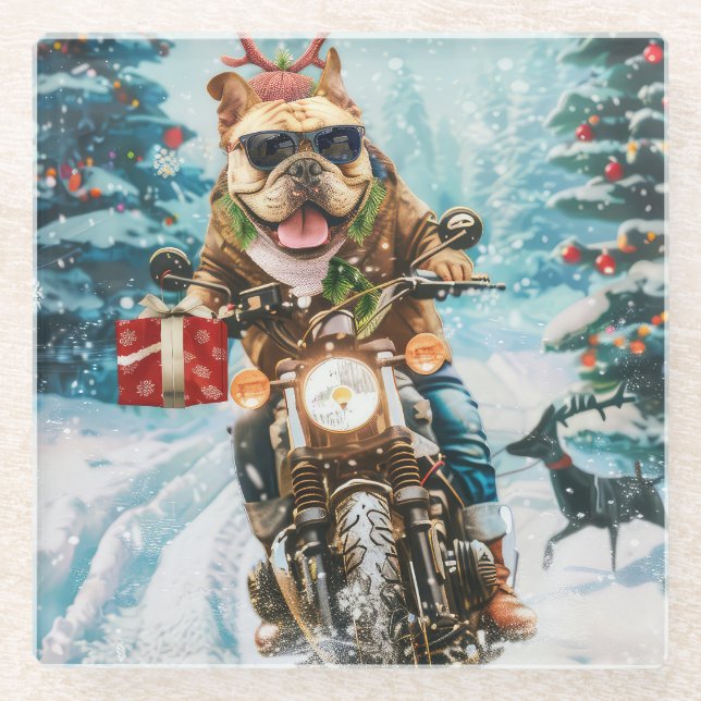 Posavasos De Vidrio Navidades en motocicleta de bulldog (Anverso)