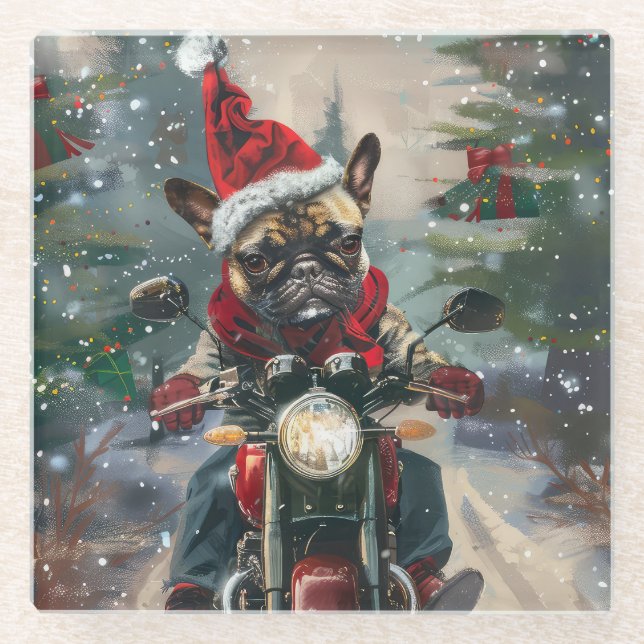 Posavasos De Vidrio Navidades en motocicleta de Bulldog francés (Anverso)