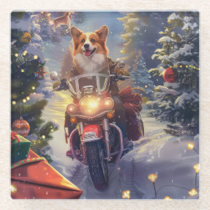 Posavasos De Vidrio Navidades en motocicleta de Corgi Dog Riding