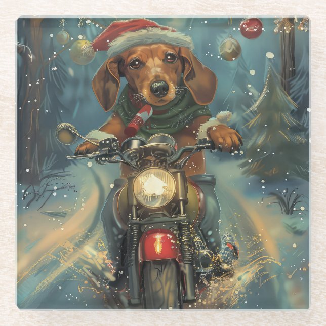 Posavasos De Vidrio Navidades en motocicleta de Dachshund (Anverso)