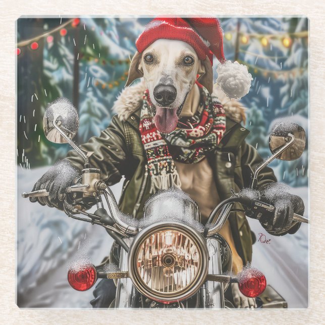 Posavasos De Vidrio Navidades en motocicleta de perros de Greyhound (Anverso)