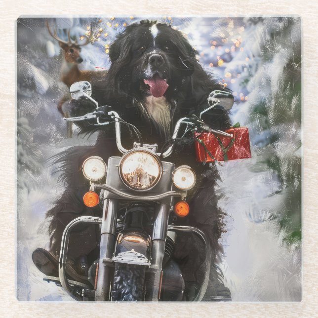 Posavasos De Vidrio Navidades en motocicleta de perros de Terranova (Anverso)