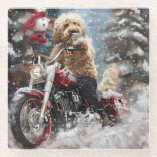 Posavasos De Vidrio Navidades en motocicleta Goldendoodle Dog Riding