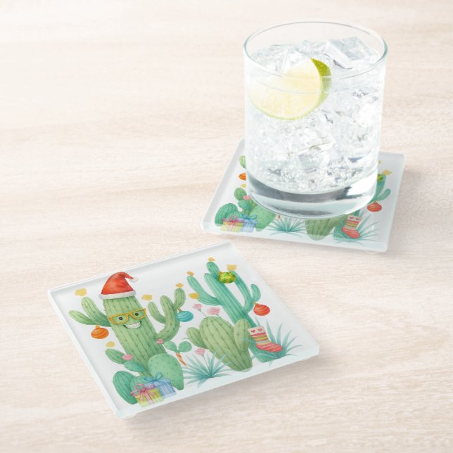 Posavasos De Vidrio Navidades festivos Cactus con Santa Hat y Ornament (Angular)