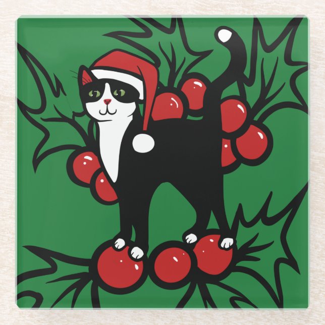 Posavasos De Vidrio Navidades gatos de Tuxedo (Anverso)